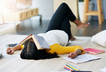 Poster - Home, woman and student with stress, studying and burnout in her bedroom, overworked or exhausted. Female person, academic or girl on a bed, sleeping or books for test, project or tired with homework