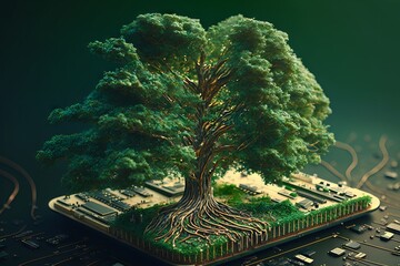 Fototapete - Generative AI illustration of a computer chip with a tree in the center