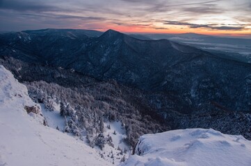 Poster - Majestic light in the Slovakia mountain at winter. Winter sunset with forest in Slovakia from peak Tlsta, Fatra. Winter hike.