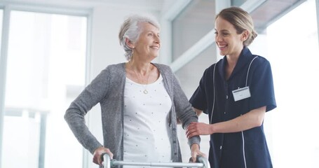 Poster - Help, talking and a nurse with a disabled woman for rehabilitation, walking support and healthcare. Smile, hospital and a doctor or caregiver helping a senior patient for nursing and recovery