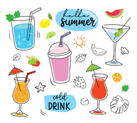 Tropical drinks summer set menu. Cold drinks with hand drawn illustration. Fruit smoothie, cocktails, alcoholic drinks.