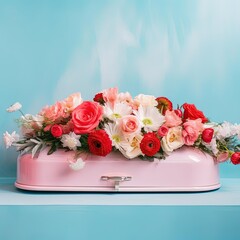 a pink wedding flower box with fresh bouquets, generative ai