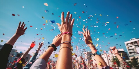 People hands rise up to celebrating party, sport winning, national event and holiday. Generative AI