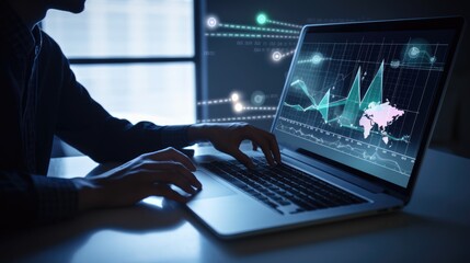 Businessman working on laptop computer with global internet connection investment. Concept of digital marketing, business intelligence, data science. Generative AI