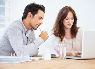 Wall Mural - Laptop, thinking and business people teamwork, planning ideas and collaboration in office or project meeting. Woman, man or manager feedback, reading and working on computer for job or company report