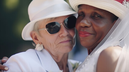 Wall Mural - Old women lesbian couple. marrage Black and Caucasian female bride in love. LGBT pride month celebration generative ai