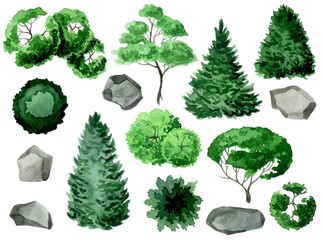 watercolor of green tree top view and stones for landscape layout plan and architecture drawing, ele