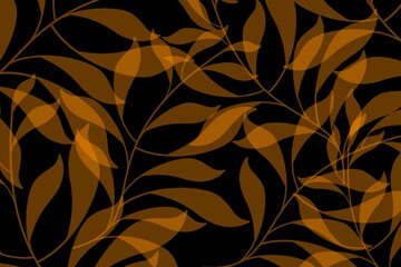 Seamless golden palm leaf repeat pattern. Vintage gold plated foliage relief sculpture on dark black background. Modern elegant metallic luxury backdrop. Maximalist gilded age wallpaper 3D rendering.