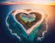 © RocknRoller Studios - Sunset Aerial view of Pacific Island in the Shape of a Heart. Love Holiday Concept. Generative AI.