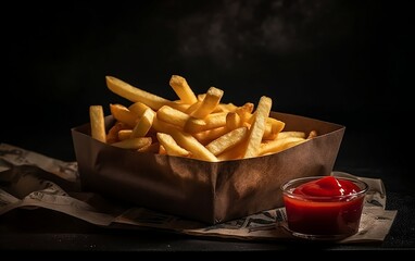 Wall Mural - French fries and ketchup. Generative AI technology.