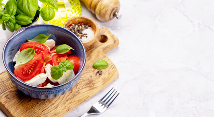 Wall Mural - Caprese salad with ripe tomatoes, mozzarella cheese and garden basil