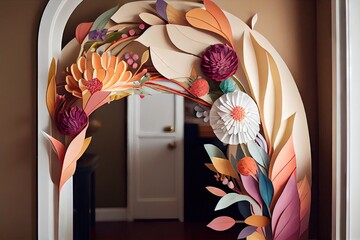 Wall Mural - paper streamer arch over doorway, with blooming floral arrangement visible inside, created with generative ai