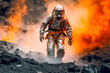Scientist in fire protective suit in a lava landscape exploring volcano activities.AI generated.