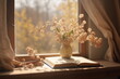 Spring still life scene. Old books, flowers in a vase. Vintage feminine styled photo. Floral composition with field flowers on a table near window