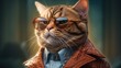 A cool cat in glasses and a suit on a plain background AI Generated.