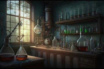 Wall Mural - science lab, with beakers, flasks and test tubes in view, created with generative ai