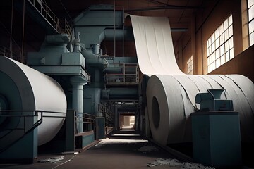 Poster - pulp and paper factory, with mile-long conveyor belt transporting sheets of paper, created with generative ai