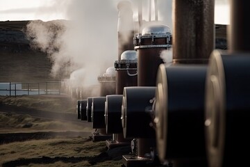 Sticker - close-up of geothermal energy system with hot water and steam flowing, created with generative ai