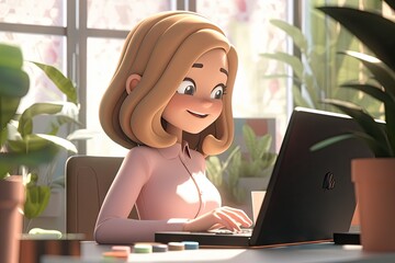 Aufkleber - Cartoon Modern Woman Working from Home on Laptop Computer: Business and Productivity Concept. Generative AI illustrations.