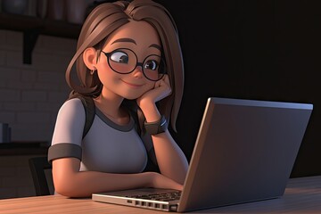 Aufkleber - Cartoon Modern Woman Working from Home on Laptop Computer: Business and Productivity Concept. Generative AI illustrations.