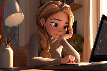 Aufkleber - Cartoon Modern Woman Working from Home on Laptop Computer: Business and Productivity Concept. Generative AI illustrations.