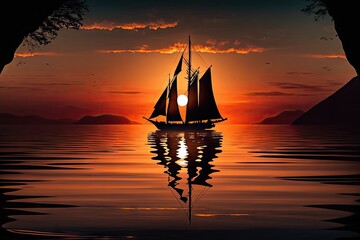 Poster - sunset sailboat gliding through the still waters, with silhouette of the sky in the background, created with generative ai