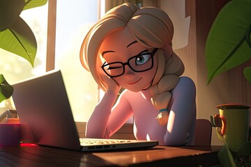 Aufkleber - Cartoon Modern Woman Working from Home on Laptop Computer: Business and Productivity Concept. Generative AI illustrations.