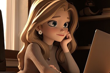 Aufkleber - Cartoon Modern Woman Working from Home on Laptop Computer: Business and Productivity Concept. Generative AI illustrations.