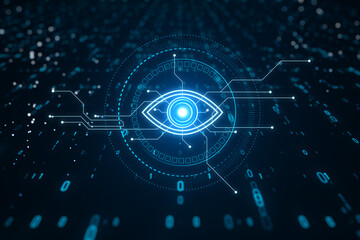 Illustration of digital eye neon style on dark blue background, computer vision and hightech technology concept. 3D Rendering