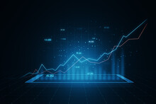Economy And Forex Market Growth Concept With Digital Blue Rising Up Financial Chart Diagram And Graphs On Abstract Dark Background With Grid. 3D Rendering