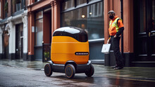 A Robot Delivering Food Rides Down The Street, Showcasing The Growing Trend Of Autonomous Delivery And The Future Of Technology AI Generated.