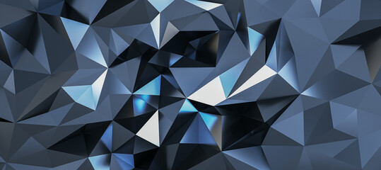 Abstract dark grey and silver triangles in form of crystal background with light reflection. 3D rendering