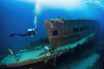 Canvas Print - scuba diver and snorkeler exploring shipwreck, surrounded by schools of fish, created with generative ai