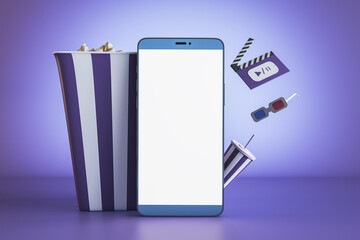 Aufkleber - Creative purple online movie theater background with mock up smartphone, pop corn and other items. Multimedia application service. 3D Rendering.
