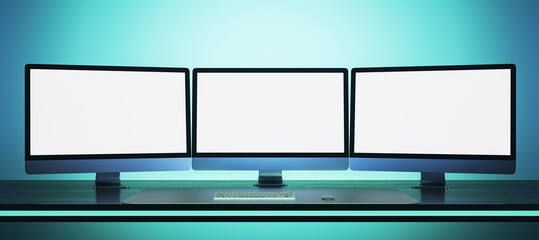 Wall Mural - Abstract blue workplace with three empty white mock up computer displays. Office concept. 3D Rendering.