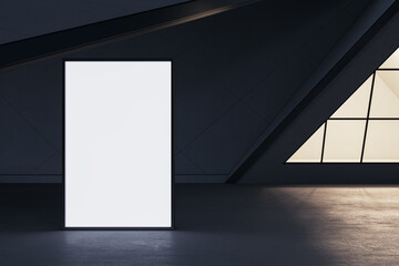 Poster - Abstract futuristic balcony or terrace with empty white mock up banner and window frame at night. 3D Rendering.