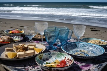 Sticker - picnic on beach with view of the ocean, plates and glasses in hand, created with generative ai