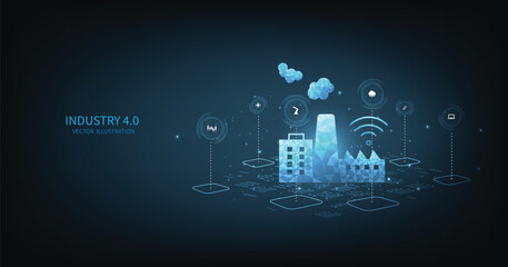 Poster - Industrial plants and connections to automation with futuristic elements.Industry 4.0 concept design on dark blue background. Autonomous industrial technology design.	