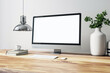 Front view on blank white modern computer monitor with space for web design, web site or landing page on wooden table with white keyboard and white wall background. 3D rendering, mock up