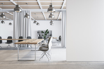 Poster - Modern meeting room interior with blank mock up place on wall, curtain partitions, furniture and equipment. 3D Rendering.