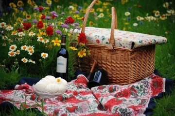 Canvas Print - picnic blanket, with basket and bottle of wine, surrounded by blooming flowers, created with generative ai