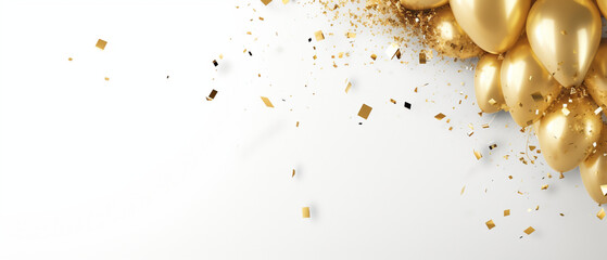 Abstract background gold fireworks and falling shiny confetti and balloon on white background Copy space Celebration and party  copy space on left