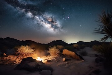 Sticker - majestic desert landscape with starry night sky and distant firelight, created with generative ai