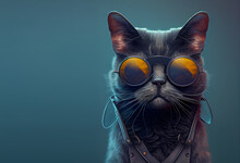 Creative Animal Concept. Black Cat Kitty Kitten In Sunglass Shade Glasses Isolated On Solid Pastel Background, Commercial, Editorial Advertisement, Surreal Surrealism. 