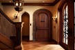 heavy oak door with black wrought iron hardware in grand entrance hall, created with generative ai
