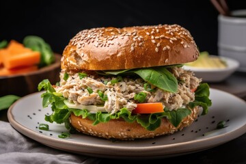 Wall Mural - tuna salad sandwich on toasted bagel with plenty of veggies and light spread, created with generative ai
