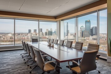 Canvas Print - corporate meeting room, with view of the city skyline and bustling streets visible through the windows, created with generative ai