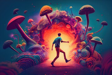 Poster - person, tripping on magic mushrooms, surrounded by surreal and psychedelic world, created with generative ai