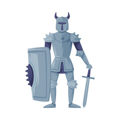 Wall Mural - Medieval armored knight in horned helmet. Ancient warrior with shield and sword vector illustration