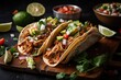 close-up of juicy and flavorful carnitas tacos, created with generative ai